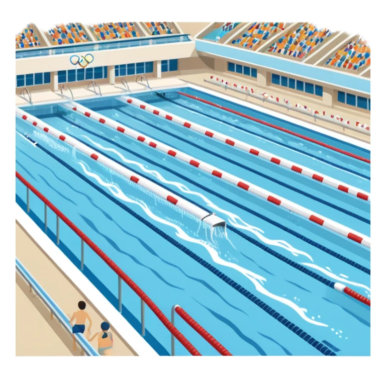 An icon featuring an Olympic swimming pool with multiple lanes and swimmers racing side by side. Splashes and lane dividers highlight the competition atmosphere. Transparent background emphasizes the energy, speed, and intensity of professional swimming events. sticker
