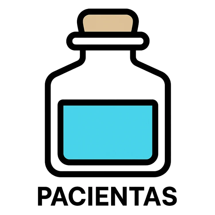 Discord role icon for 'pacientas' of a psychiatric clinic, small clear elixir bottle with #6fe8f3 liquid inside, minimalist and serious, easy to recognize at small size, professional style sticker