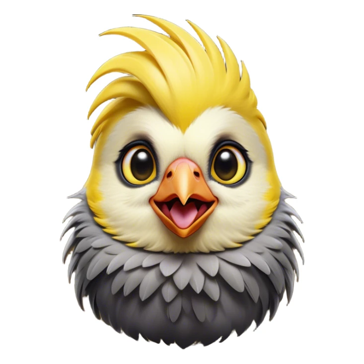 Cinematic Comical Cockatiel Portrait Emoji, Head tilted dramatically with an exaggeratedly amused expression, featuring a striking grey fur with bold yellow accents and a flamboyant crest, wide, expressive dark eyes filled with playful disbelief, Simplified yet hilariously expressive features, highly detailed, glowing with a slightly sassy glow, high shine, dramatic yet playful, stylized with an air of cheeky mischief, bright and endearing, soft glowing outline, capturing the essence of a spirited and over-the-top cockatiel, so meme-worthy it feels like it could side-eye its way into internet fame instantly! sticker