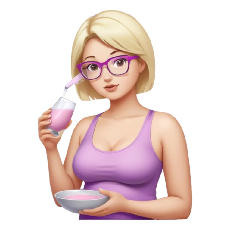 Seductive, Curvy fair skinned woman, short blond hair, small light purple reading glasses, washing dishes, SFW sheer pink tank top, without undergarments showing natural breast shape SFW, black yoga pants, thick booty sticker