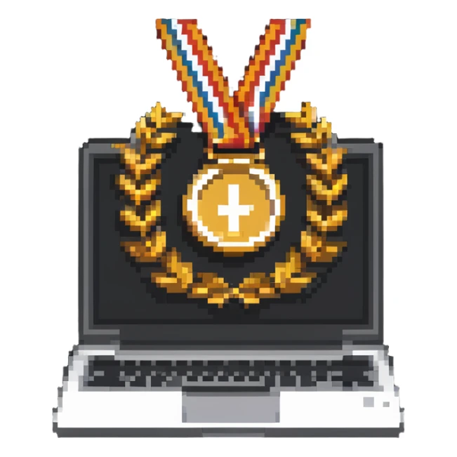 A gold medal with a laptop icon for hackathon winner sticker