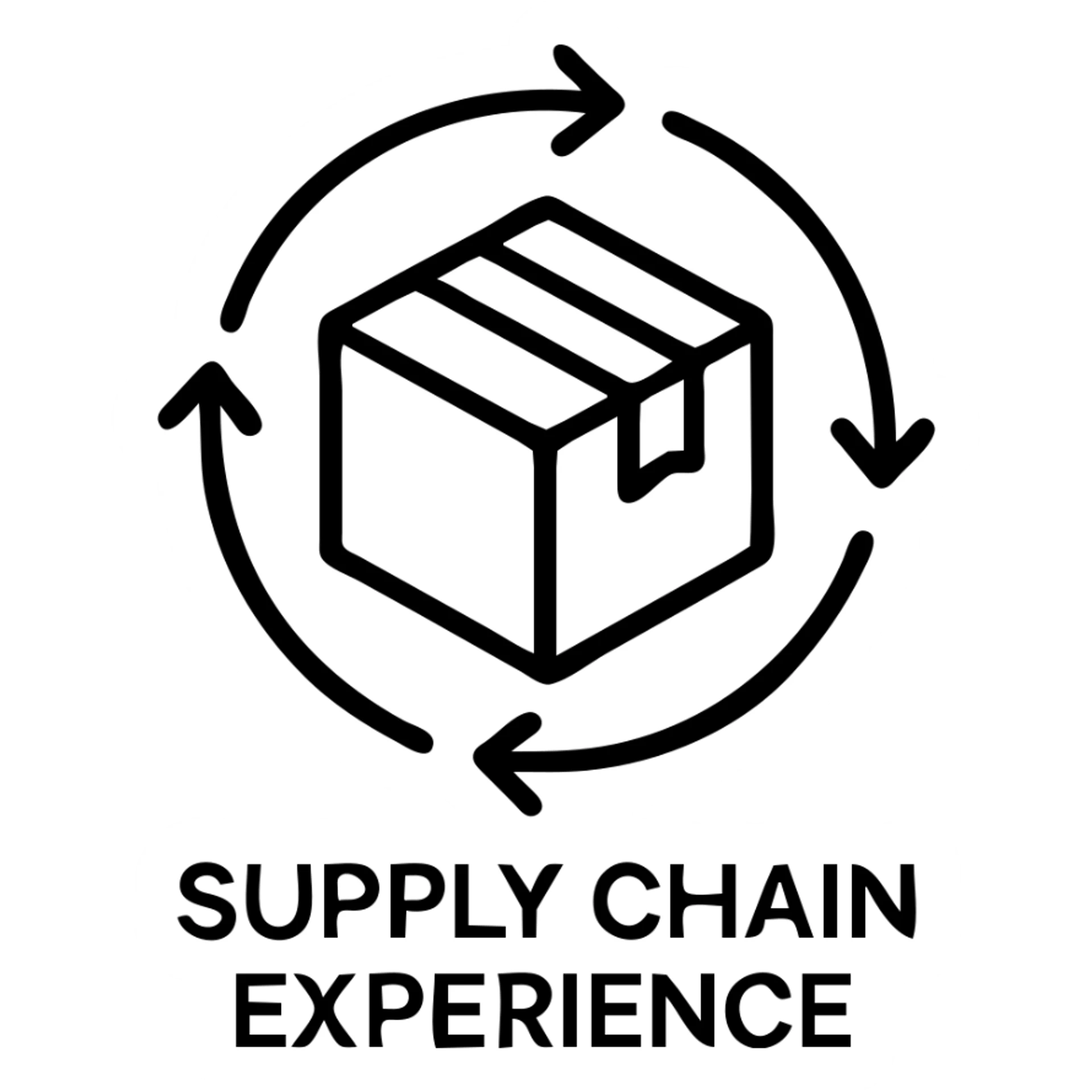 icon for "Supply Chain Experience", black and white, simple and clear, with a package symbol sticker