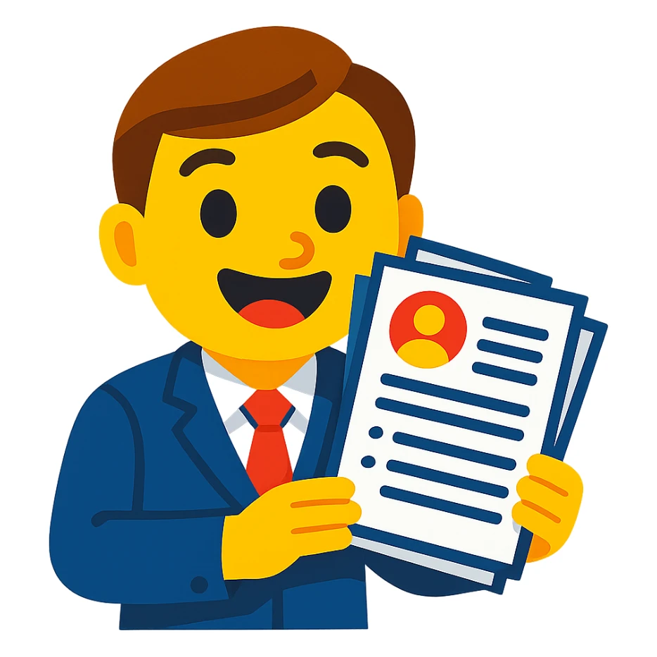 cheerful recruiter emoji holding a stack of resumes sticker