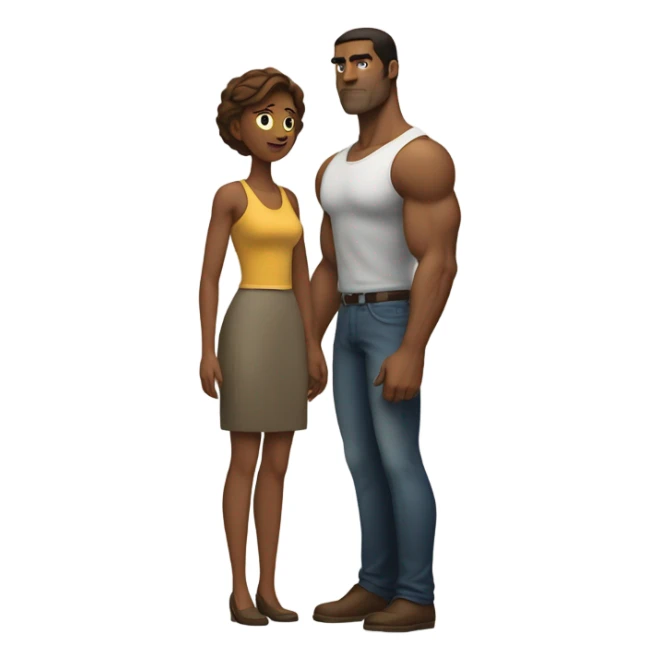 woman stands behind a large man sticker