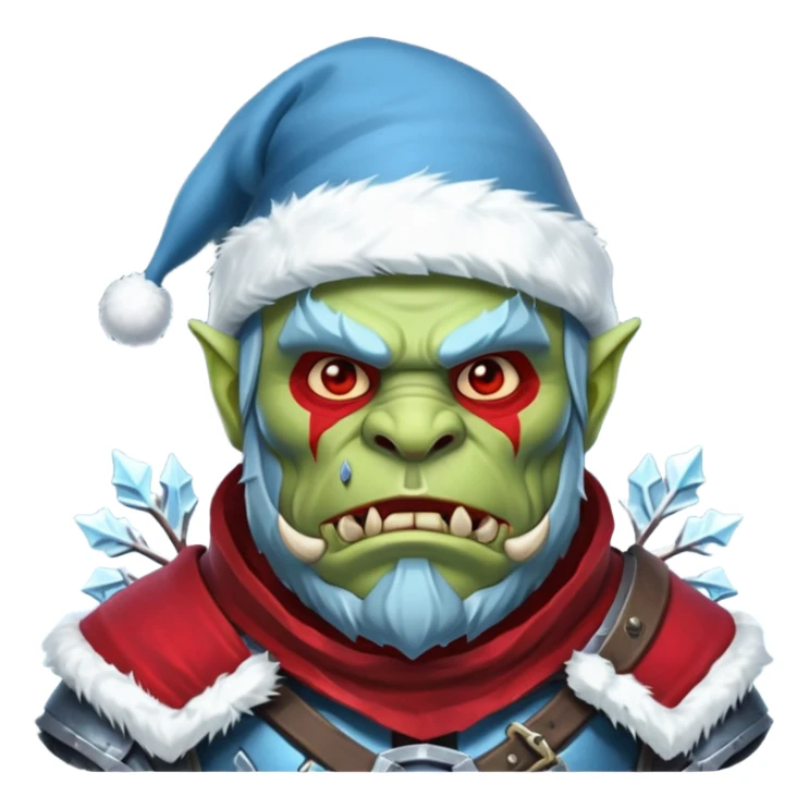 
Fantasy Christmas orc legion soldier icon, iron tundra army theme, heavy winter armor, disciplined brutal look, icy blue steel armor with deep crimson accents, frozen metal texture, cold winter atmosphere, male variant sticker
