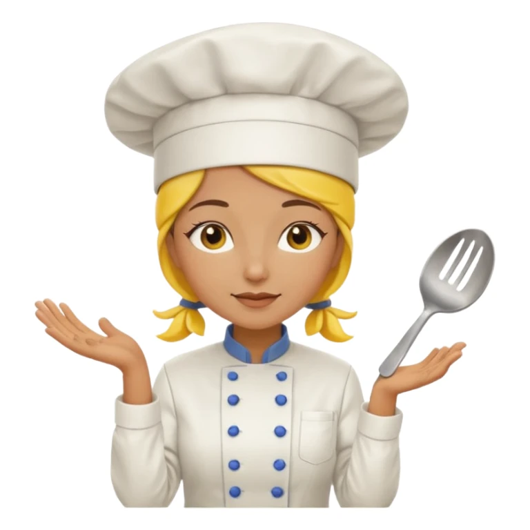 a woman chef wearing a bright yellow chef uniform with hat sticker