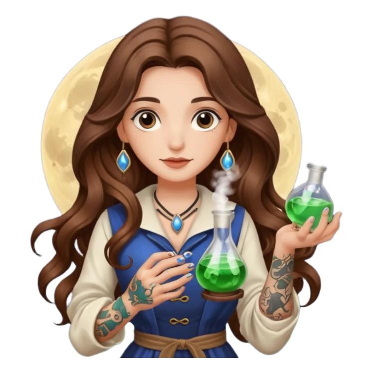 moon alchemist woman long wavy brown hair tattoos holding small potion sticker