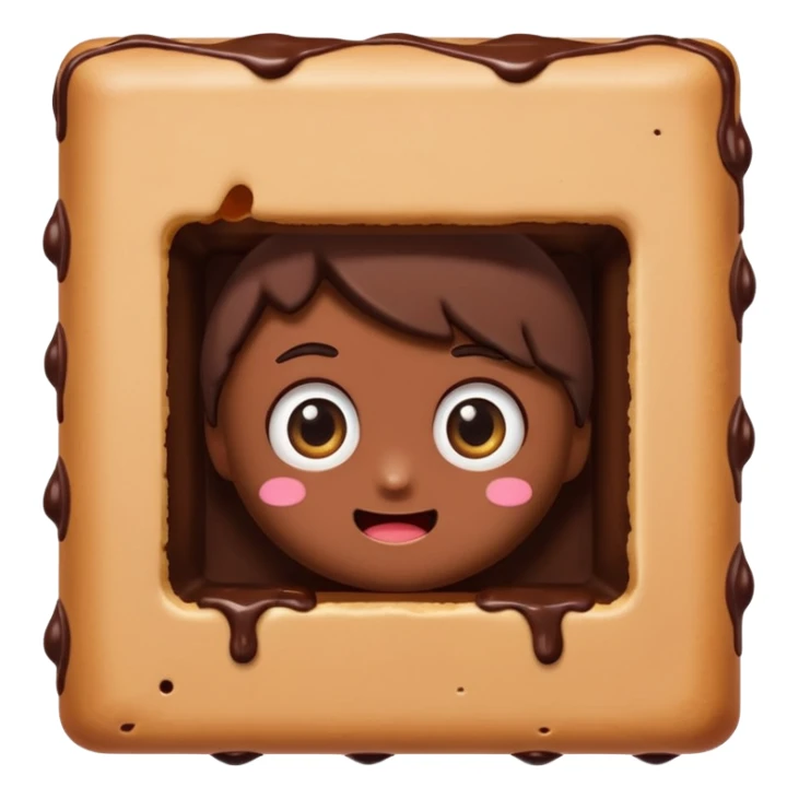 Cartoon chocolate mini pastry peeking from behind tiny wall, suspicious eyes, tiny chocolate smudges, chibi style, Twitch emoji style, transparent background, colorful
 sticker