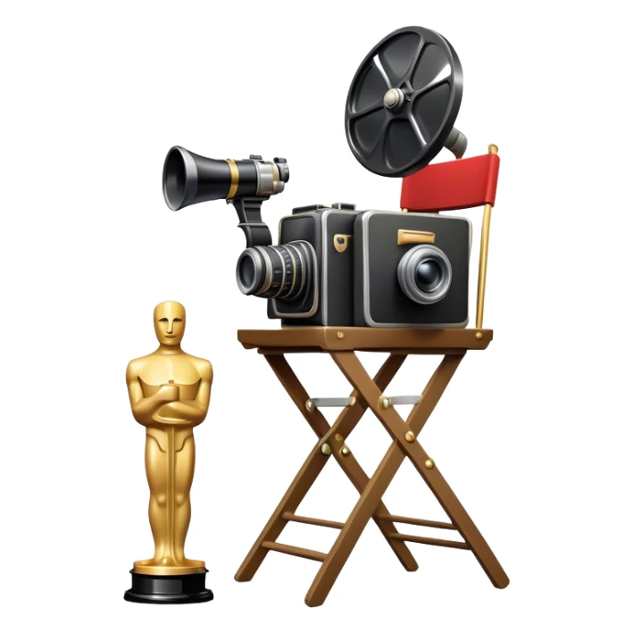 Icon for Directing: a director's chair, a large film camera, a megaphone, a stage set with lights and an Oscar statuette. The icon should represent the creative and leadership aspects of directing, with focus on film and theater production. Transparent background. sticker