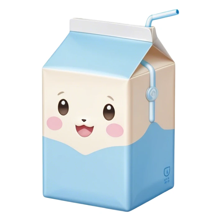 Cute Kawaii Milk Carton, small and boxy, bright pastel blue and white, blushing cheeks, a tiny straw poking out, soft glowing highlights, adorable farm-fresh cuteness! sticker
