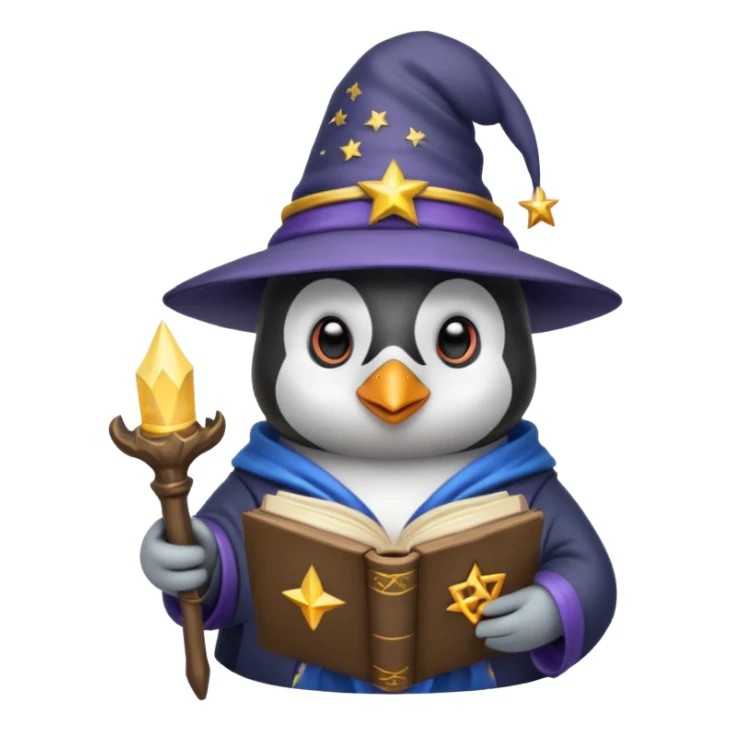 penguin wizard with a book of spells starry hat sticker