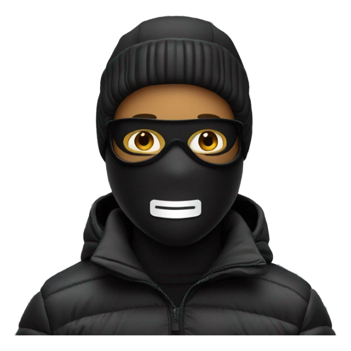 Man in all black, ski mask and puffer jacket, holding a credit card sticker