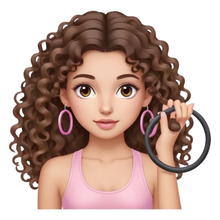 cute balayage brunette long hair curly/wavy haired girl, hoop earrings, clean girl makeup DOING pilates with a cute pastel pink set sticker