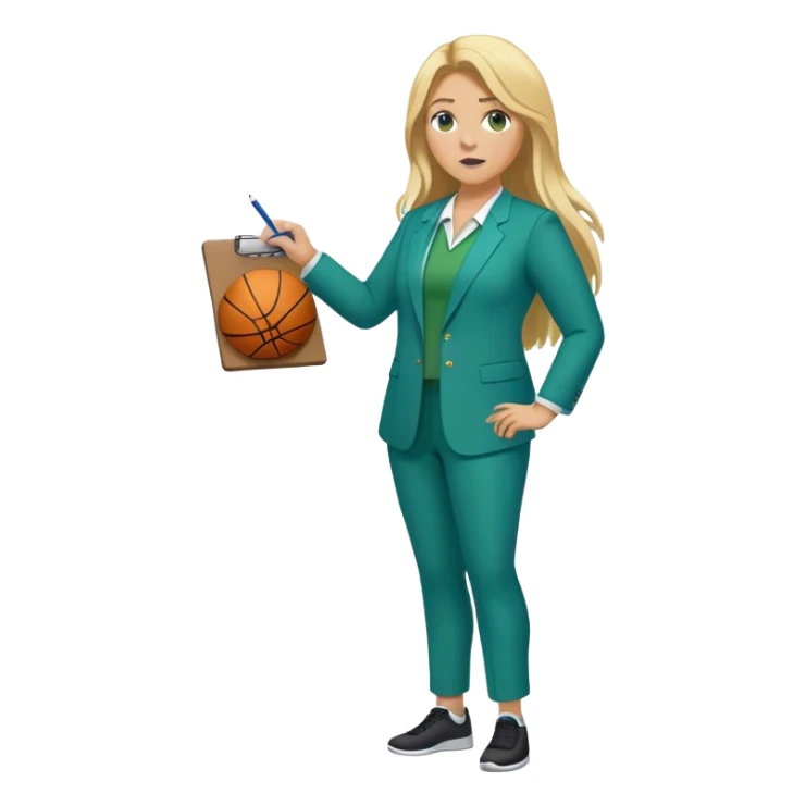 Full Body white plus size female basketball head coach using a clipboard with long blonde hair in a blue and green suit sticker
