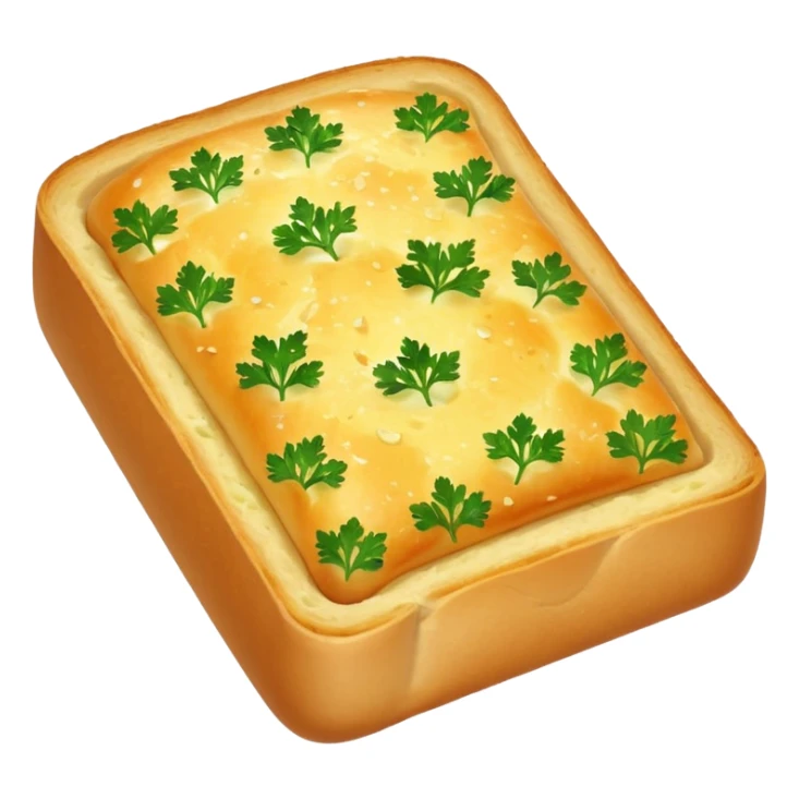 garlic bread slice, golden, crisp, melted butter, herbs, soft fluffy inside, toasted glossy crust, parsley and garlic flecks, no plate or knife, soft lighting, emoji scale sticker