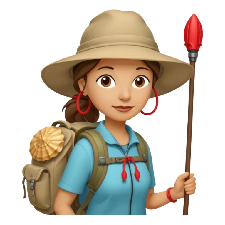Middle aged women, long brown ponytail with wide brim hiking hat. With backpack and trekking poles. Backpack has a scallop shell with the cross of saint james hanging from it.  Remove the cross and add a scallop shell on a red string hanging from the backpack  sticker