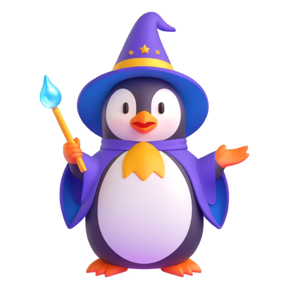 3D emoji of a penguin wizard with a magical aura sticker