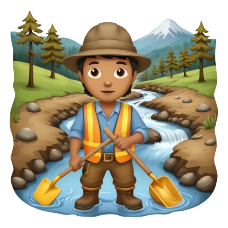 create a gold miner panning for gold near a stream sticker