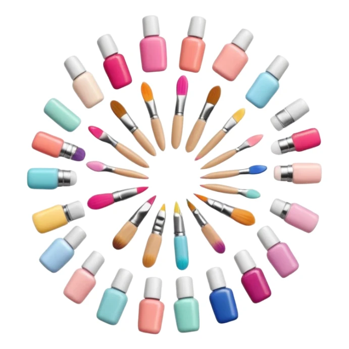 Minimalist nail art sticker pack featuring a cute female nail artist, nail tools like brushes and files, colorful nail polish bottles, small decorated nails, simple and clean design, pastel colors, kawaii style, delicate and charming, high-resolution, perfect for nail stickers sticker