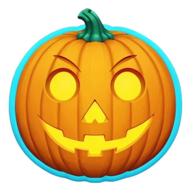 futuristic jack-o'-lantern face emoji, purple and cyan colors only, dark background sticker
