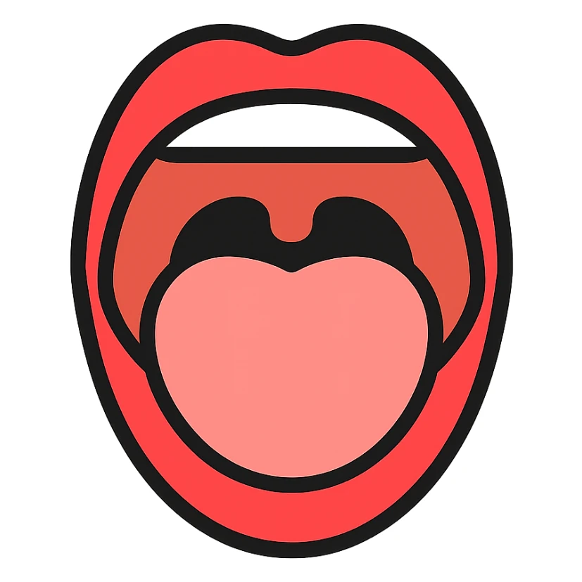 Schematic open mouth with visible tongue, symbolizing speech articulation and sound practice. Vector style, clean and sharp lines. Include realistic shadows and light reflections for depth. Minimalistic, educational design. Transparent background. High contrast between tongue, teeth, and lips for clarity. Flat illustration with soft shading, suitable for speech therapy materials sticker