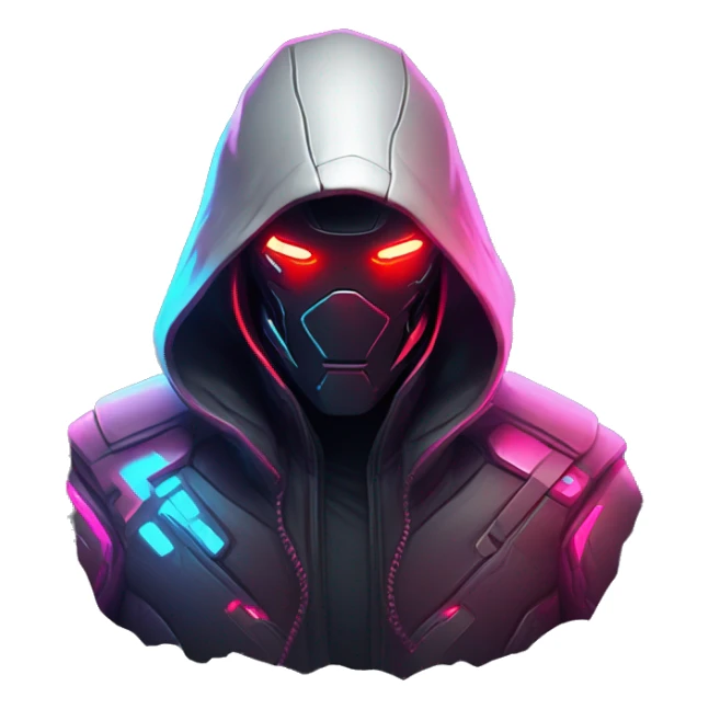 developer behind his laptop with this style : crysis Cyberpunk Riot Games Valorant neon glowing bright red character red dark black hooded assassin themed character sticker