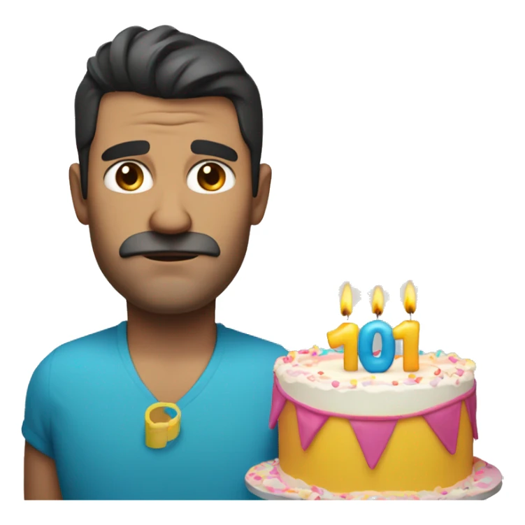 Middle aged dark haired man wearing pool armbands, holding a big birthday cake with a sad face sticker