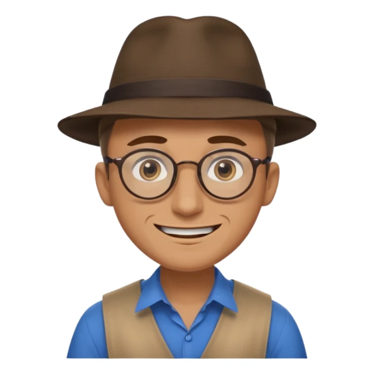 A man with sharp and thin face, brown round glasses, a brown hat and a brown costume with beige chemise (shoulders only), with blue eyes and a large smile on his face and menacing eyes. sticker