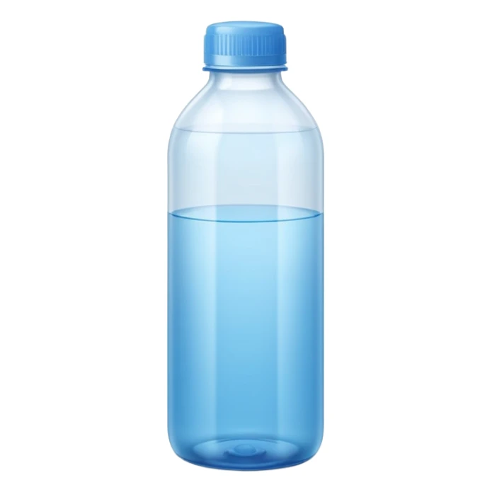 tall translucent plastic bottle with smooth curves and slightly tinted blue or white cap, filled with clear liquid, clean minimal design, no label, no measuring cap, no drops, no extras, sealed bottle, soft lighting, subtle shadows, emoji scale sticker