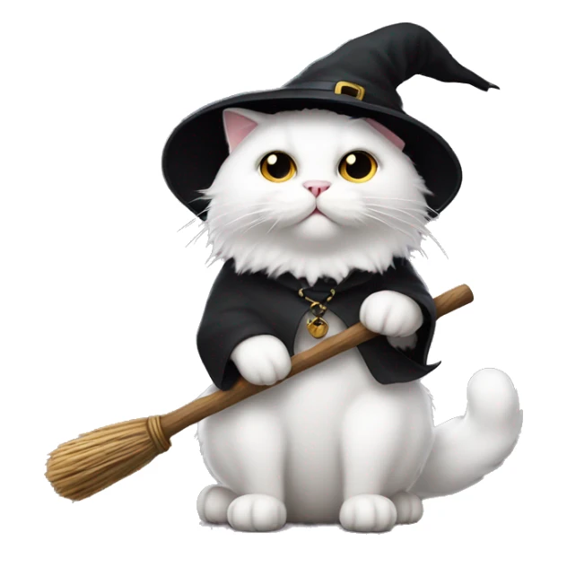 White fluffy cat wearing black witch hat, sitting on a broom stick sticker