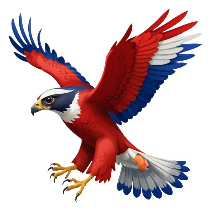a falcon in mid-fall, wings flared, feathers ruffled, dramatic sense of motion, falcon colored red, white, and blueish sticker