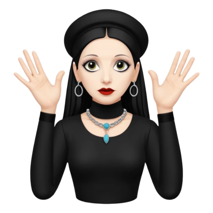 Lene Lovich shown as on the Stateless album cover with a typical symmetrical hand pose sticker