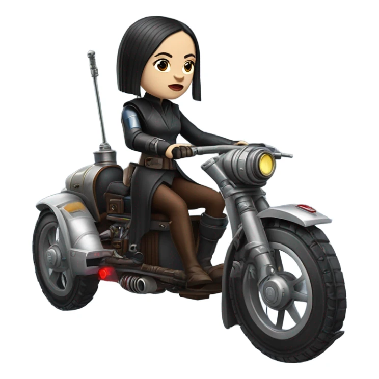 Jedi bounty hunter Wednesday Addams racing in a modern blue,red and pewter steampunk electric luxury flying speeder bike from Star Wars  sticker