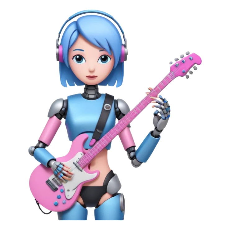 a cyper robot carry her note and electric guitar and try to change the world with pink and bluecolor sticker