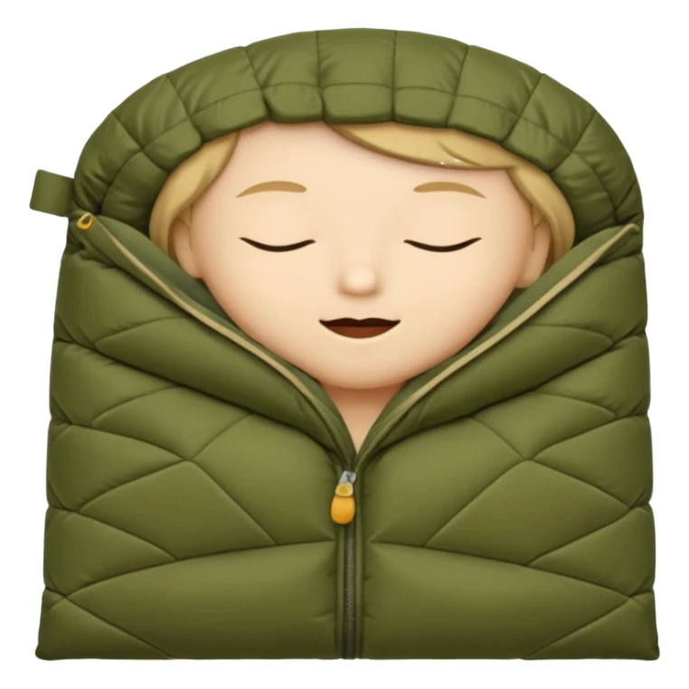 sleeping bag in blue/yellow to olive & tan (#7D7A52 / #E1C699). sticker