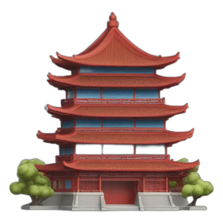 A large Chinese-style building with a blue roof and red wooden structures sticker
