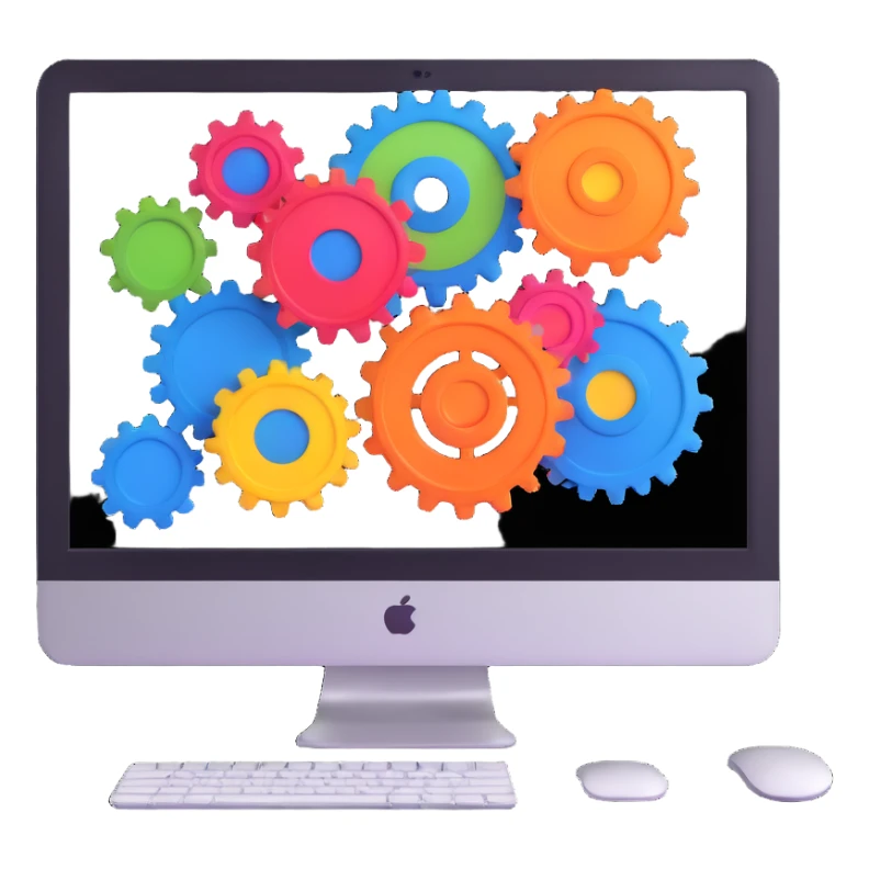 iMac computer with colorful gears on the screen sticker