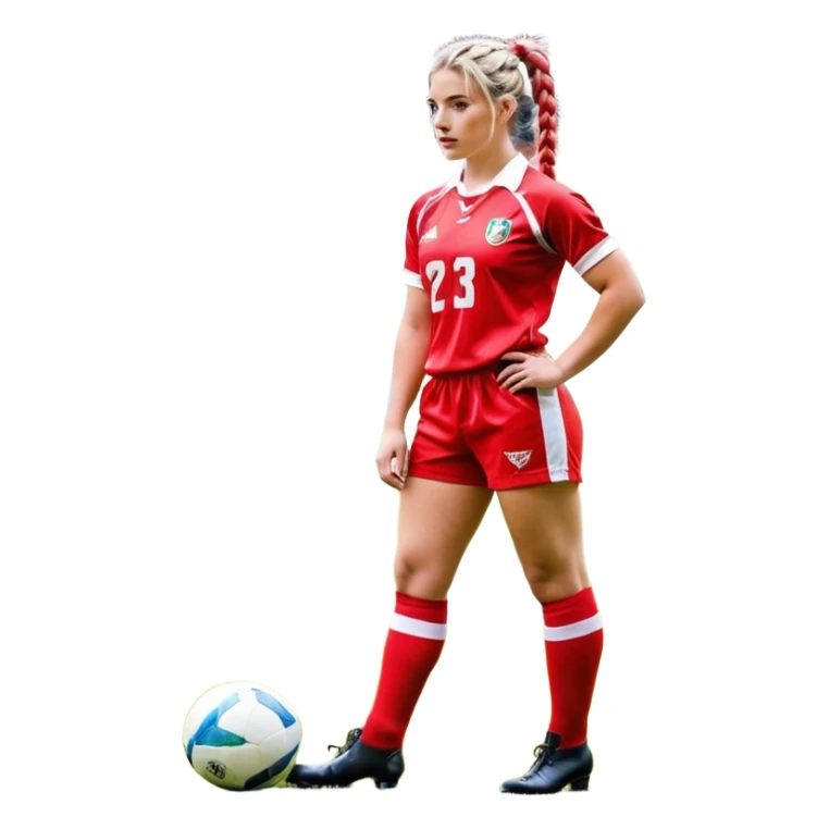 Chica de pelo rubio tirada en el suelo boca abajo agarrando un balón DE RUGBY con las manos vestida con una equipación de color rojo y blanco con líneas, manchada de barro y con unas botas de tacos de fútbol, con un bucal en la boca y el pelo con trenzas, se la tienen que ver las 2 piernas  sticker