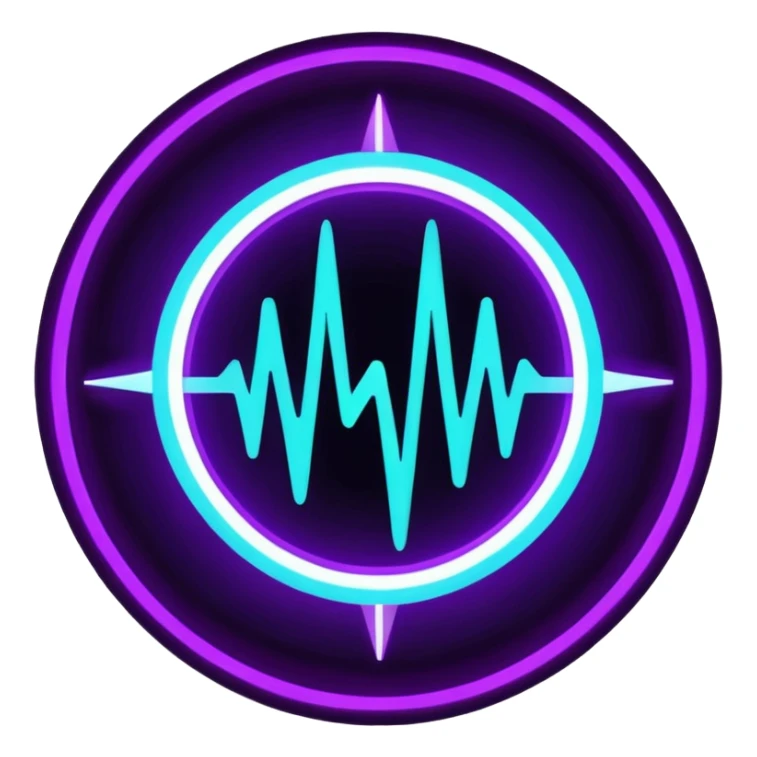 futuristic minimalistic logo icon, glowing soundwave and pulse symbol forming abstract circle, neon purple (#8B5CF6) and cyan (#00E0FF) light, representing NoizeGames team rhythm and creativity, dark background, no face, 1:1 aspect ratio sticker