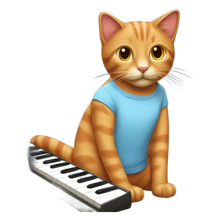 tan-red cat wearing a light-blue t-shirt taps musical keyboard sticker