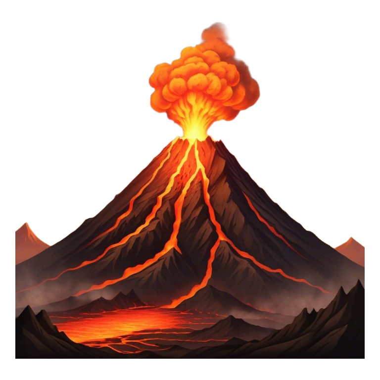 Cinematic Realistic Volcano Emoji, Powerful and awe-inspiring, with molten lava flowing from its jagged, smoking peak, casting an orange glow in the surrounding darkness. The landscape around it is barren and rocky, with clouds of ash rising into the sky. Soft glowing outline, capturing the essence of raw power and fiery energy in a towering volcano. sticker