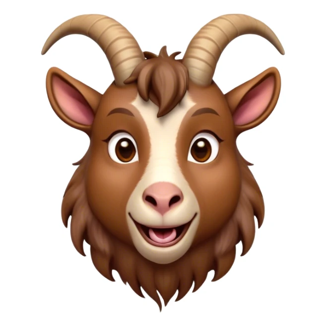 Cinematic Comical Brown Goat Portrait Emoji, Head tilted dramatically with an exaggeratedly amused expression, featuring a sleek brown fur with distinct, quirky curved horns, wide, expressive eyes filled with playful disbelief, Simplified yet hilariously expressive features, highly detailed, glowing with a slightly sassy glow, high shine, dramatic yet playful, stylized with an air of cheeky mischief, bright and endearing, soft glowing outline, capturing the essence of a spirited and over-the-top goat, so meme-worthy it feels like it could side-eye its way into internet fame instantly! sticker