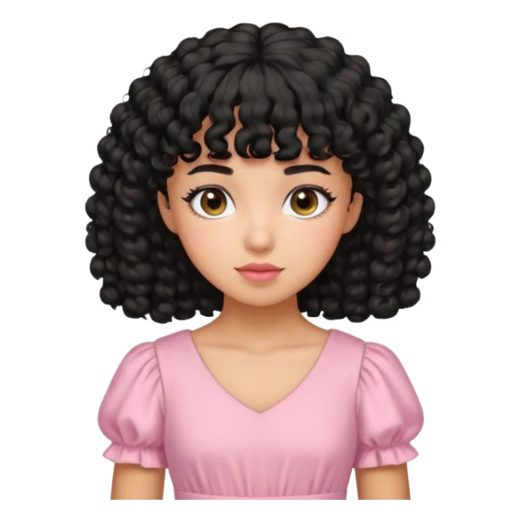 uma menina de pele oliva e cabelos pretos encaracolados e com franja encaracolada e um vestido rosa pastel sticker