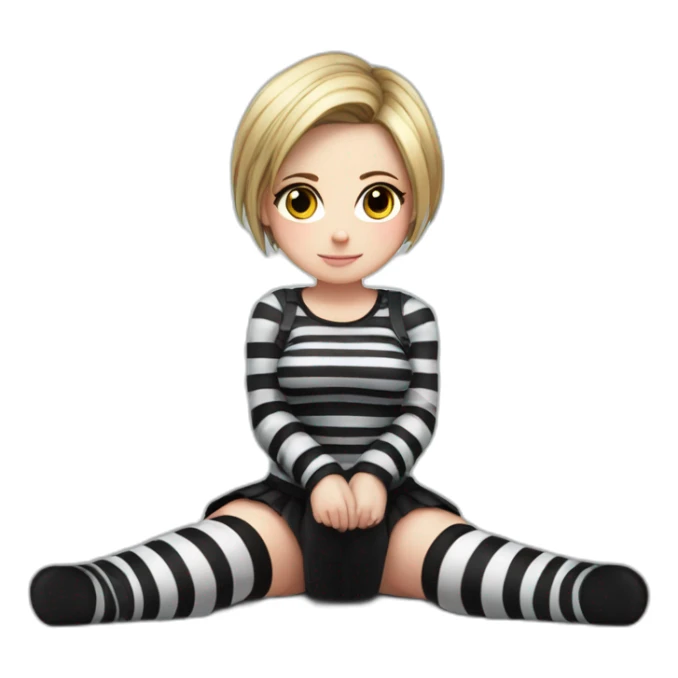 Full body Front view curvy emo girl sits on the floor straight view hands up black skirt striped stockings sticker