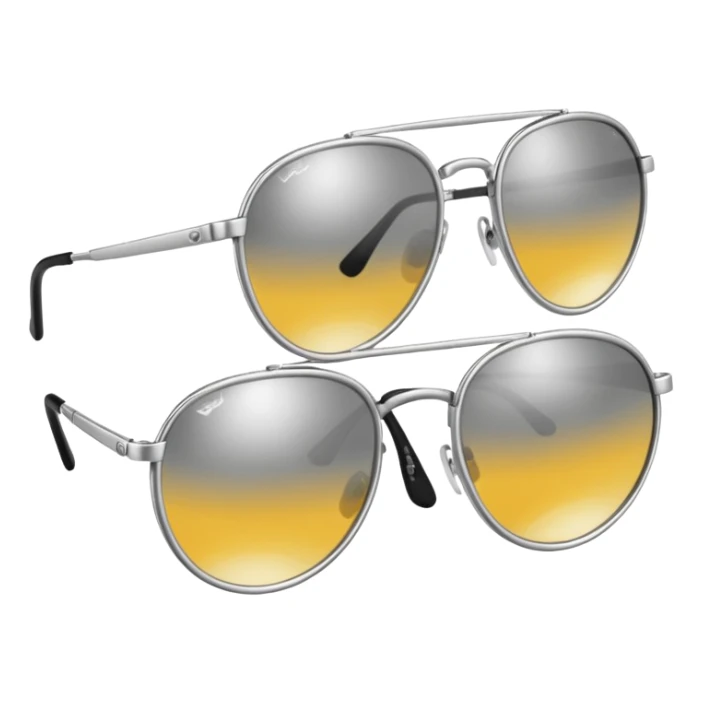 A pair of luxury sunglasses emoji with silver chrome frame, smooth rounded lenses, reflective metallic surface, high-end swag aesthetic, minimal and clean design, iOS emoji style, centered, white background sticker