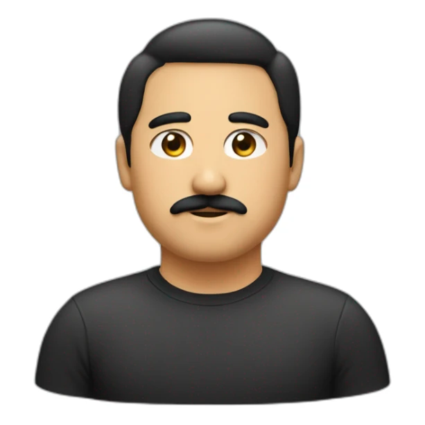 Fat, young, face color light black, eye black, hair black, thin mustache think, sticker