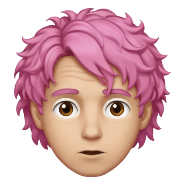 A light-skinned man with moderately curly pink hair, brown eyes and a slightly uneasy expression. sticker