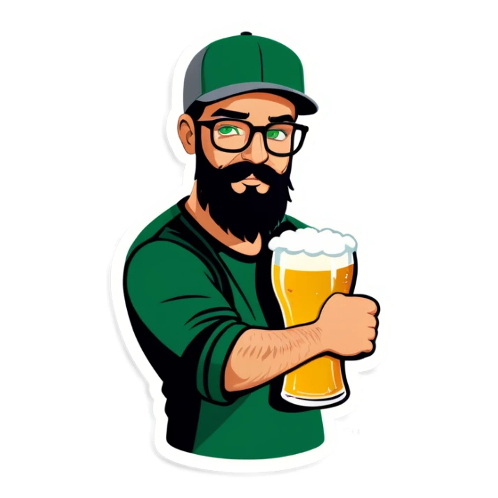 A bold man with a grey baseball cap, green eyes, big beard and glasses, drinking beer sticker