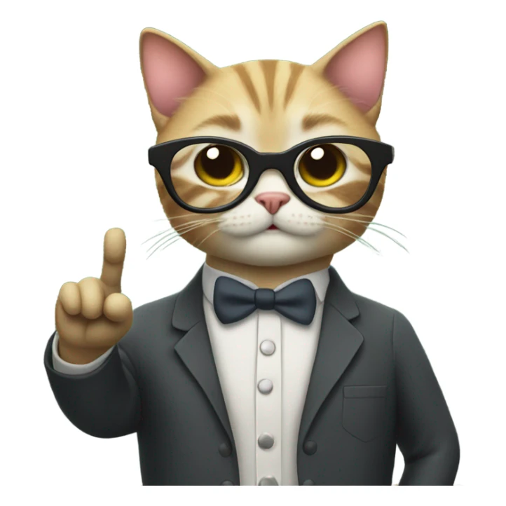 cat wearing glasses and a teacher's suit pointing to a blackboard sticker