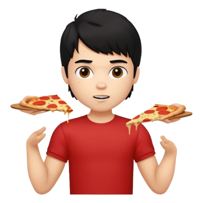 generate a pretty fair bratz boy with a messy mullet (black hair), wearing a red tshirt. eating pizza. He has big biceps sticker